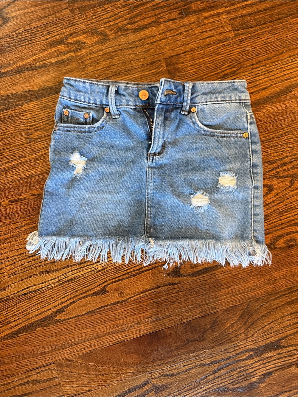 Tractr Light Blue Distressed Denim Mini Skirt with Frayed Hem